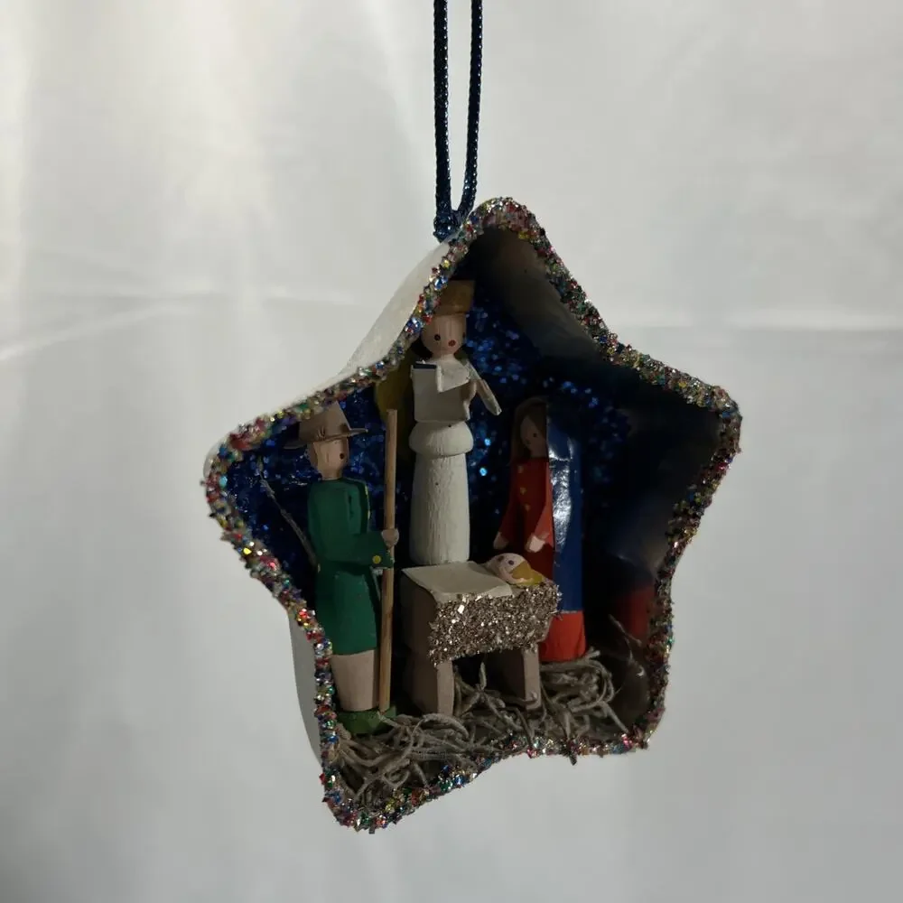 Handmade Vintage Star Tart Tins Nativity Trio Set of 3 Ornaments Glitter Diorama